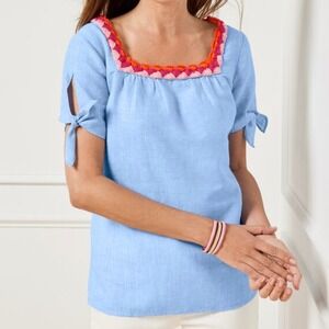 Talbots Crochet Trim Linen Square Neck Top Blue Chambray Sz L Beach‎ Lightweight